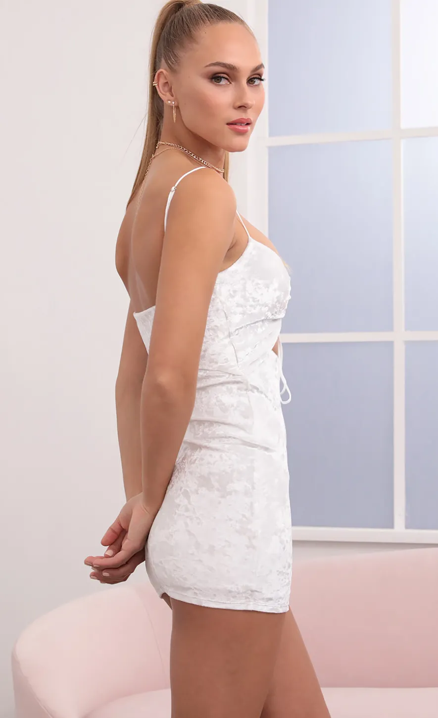LUCY IN THE SKY Mini Dresses^Ruched Front Dress In White Velvet
