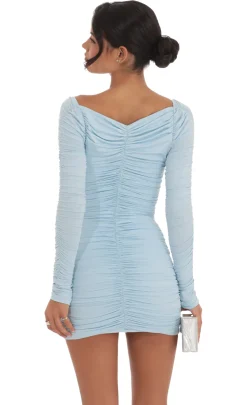 LUCY IN THE SKY Mini Dresses^Ruched Long Sleeve Bodycon Dress In Light Blue