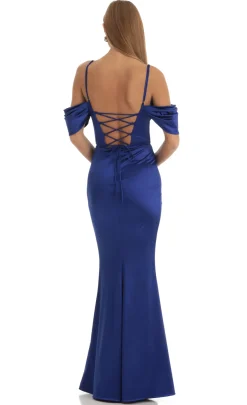 LUCY IN THE SKY Maxi Dresses^Ruched Satin Maxi Dress In Blue