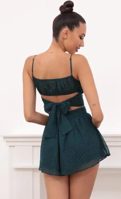 LUCY IN THE SKY Two-Piece Sets|Shorts^Ruched Set In Hunter Green Dotted Chiffon