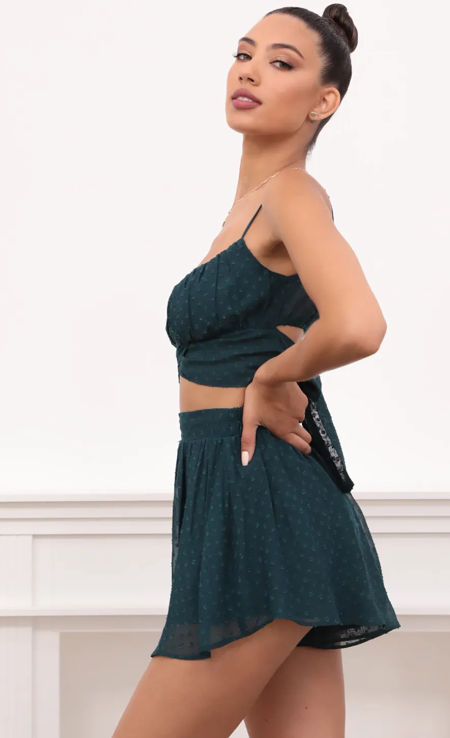 LUCY IN THE SKY Two-Piece Sets|Shorts^Ruched Set In Hunter Green Dotted Chiffon