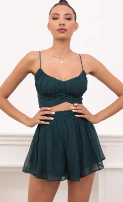 LUCY IN THE SKY Two-Piece Sets|Shorts^Ruched Set In Hunter Green Dotted Chiffon
