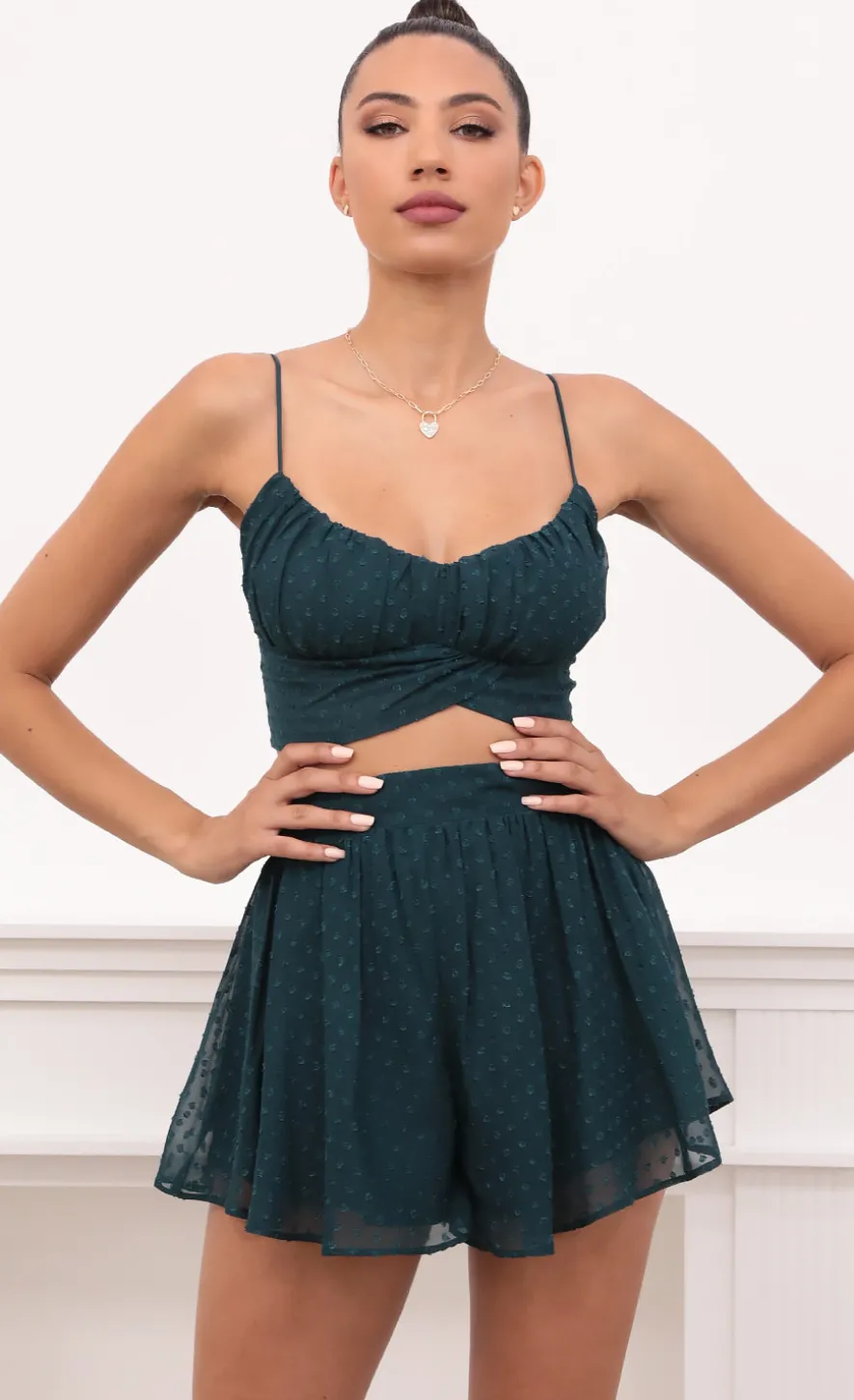 LUCY IN THE SKY Two-Piece Sets|Shorts^Ruched Set In Hunter Green Dotted Chiffon