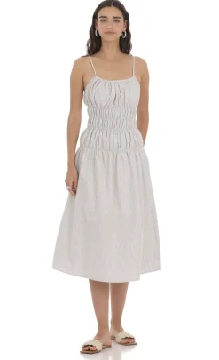 LUCY IN THE SKY Midi Dresses^Ruched Striped Midi Dress In Grey