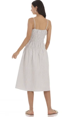 LUCY IN THE SKY Midi Dresses^Ruched Striped Midi Dress In Grey