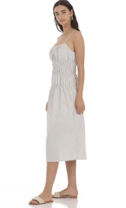 LUCY IN THE SKY Midi Dresses^Ruched Striped Midi Dress In Grey