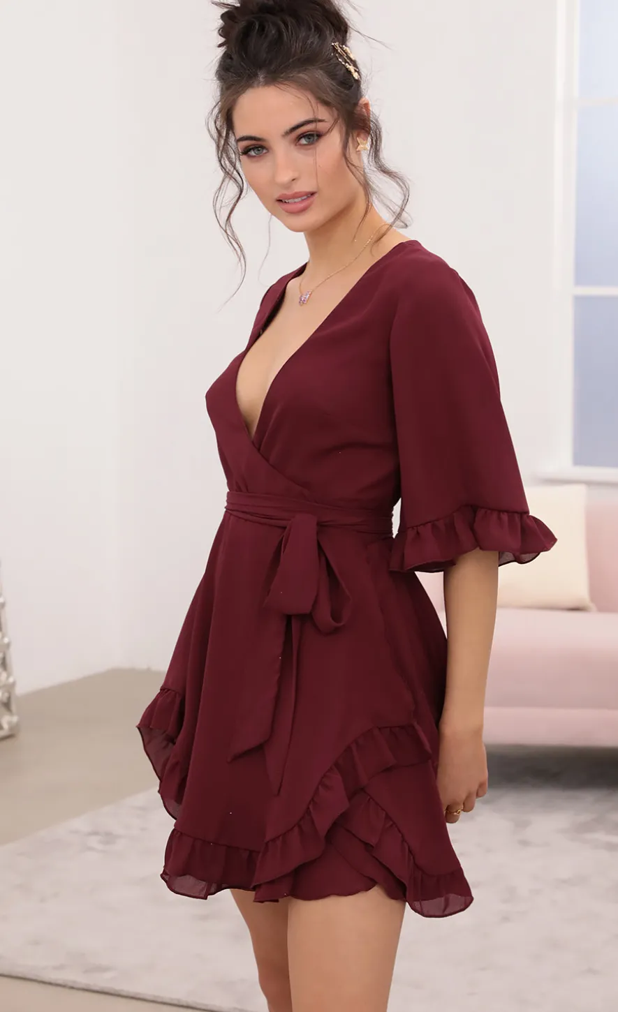 LUCY IN THE SKY Mini Dresses^Ruffle Dress In Burgundy