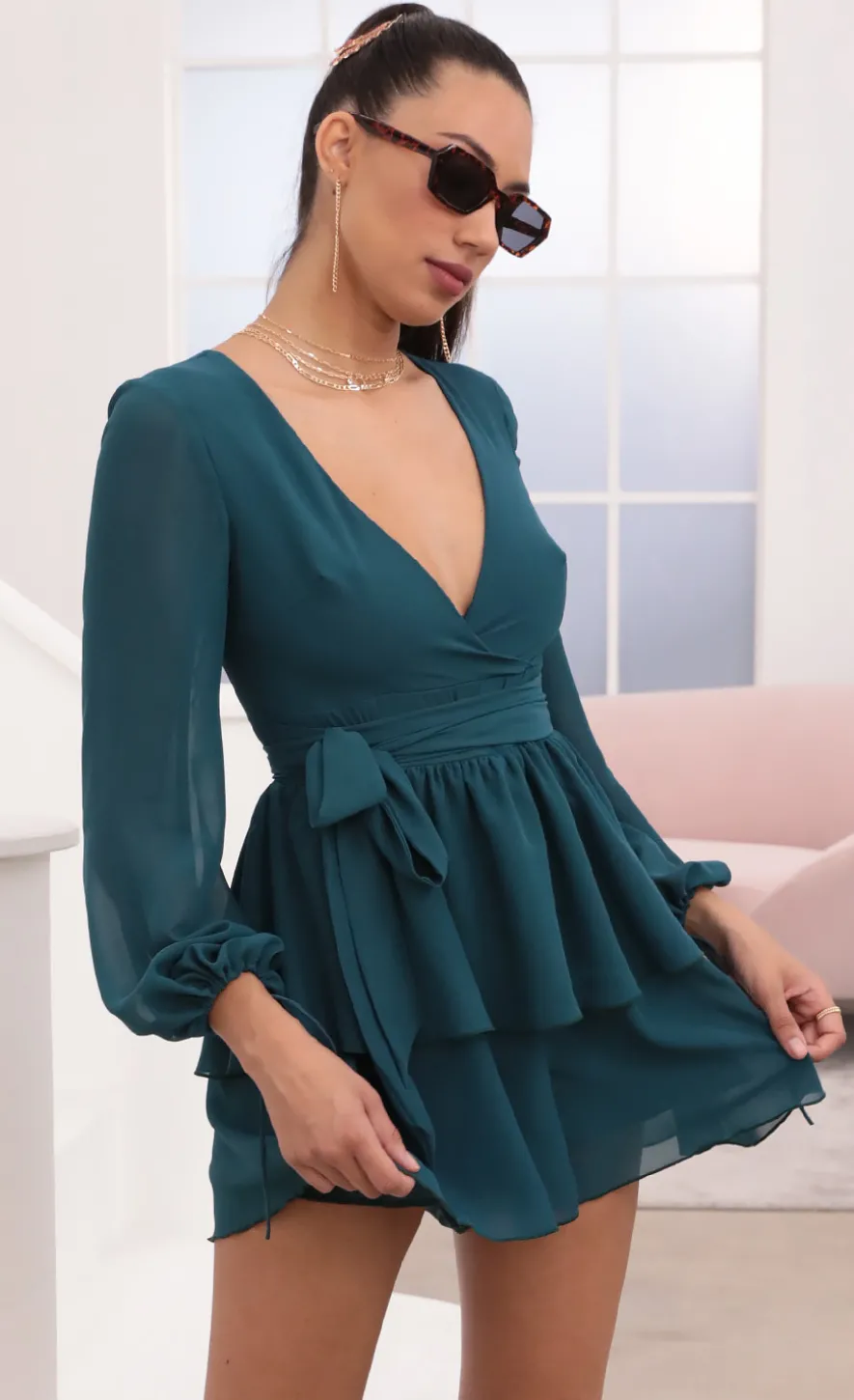 LUCY IN THE SKY Mini Dresses^Ruffled Romper In Hunter Green Chiffon
