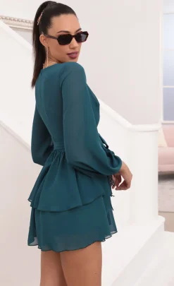 LUCY IN THE SKY Mini Dresses^Ruffled Romper In Hunter Green Chiffon