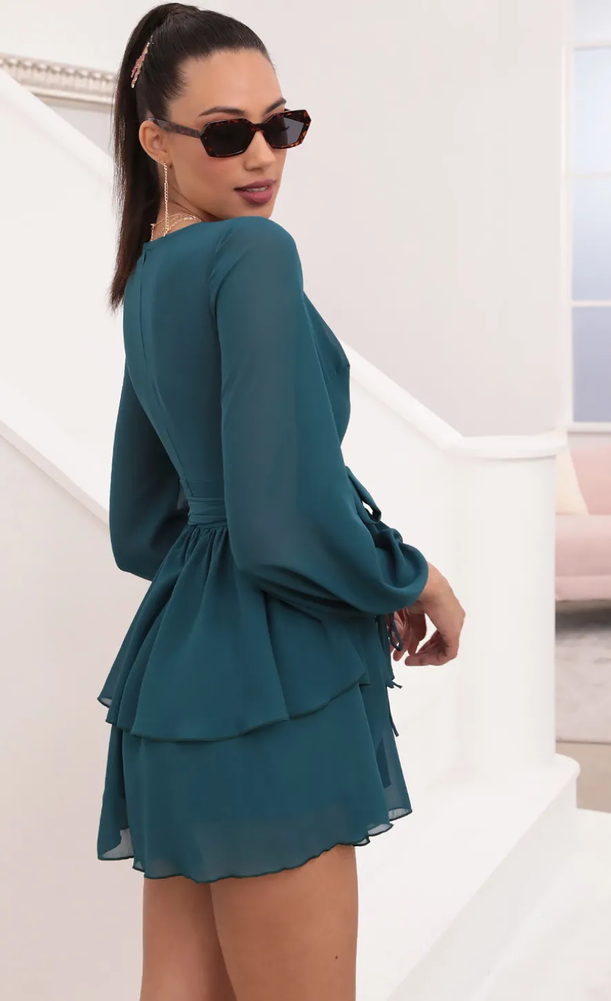 LUCY IN THE SKY Mini Dresses^Ruffled Romper In Hunter Green Chiffon