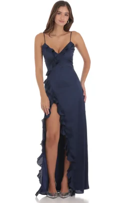 LUCY IN THE SKY Maxi Dresses^Ruffle V-Neck Maxi Dress In Navy