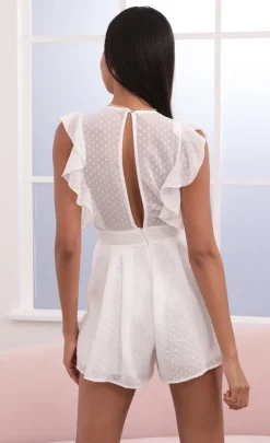 LUCY IN THE SKY Rompers^Ruffle White Romper In Dotted Chiffon
