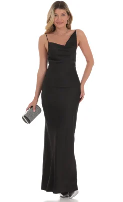 LUCY IN THE SKY Maxi Dresses^Satin Asymmetrical Cowl Neck Maxi Dress In Black