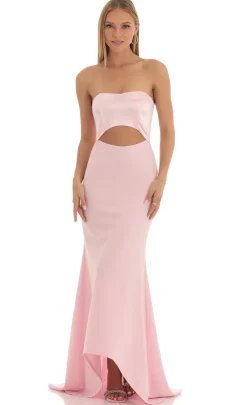 LUCY IN THE SKY Maxi Dresses^Satin Corset High Low Crepe Maxi Dress In Pink