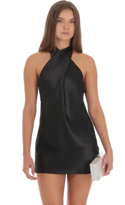 LUCY IN THE SKY Mini Dresses^Satin Cross Halter Dress In Black