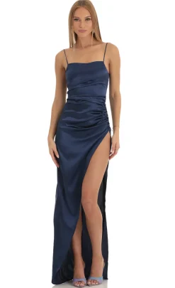 LUCY IN THE SKY Maxi Dresses^Satin Draped High Slit Maxi Dress In Navy