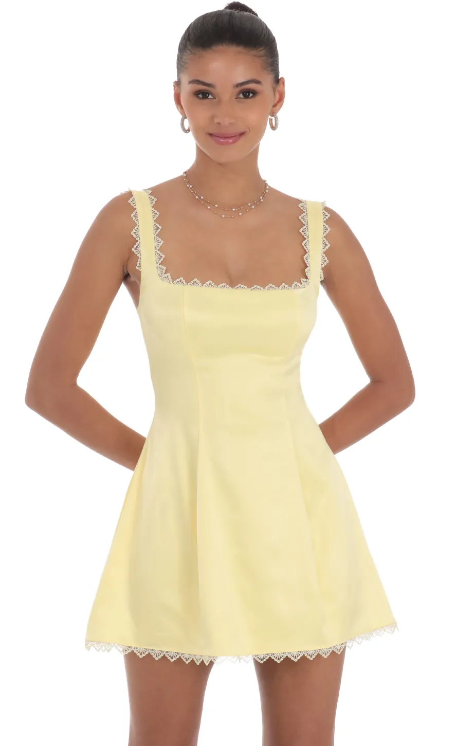 LUCY IN THE SKY Mini Dresses^Satin Embroidered Fit And Flare Dress In Yellow