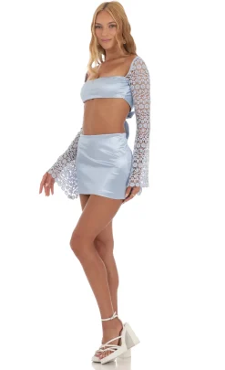 LUCY IN THE SKY Mini Dresses^Satin Embroidered Sleeve Two Piece Set In Blue
