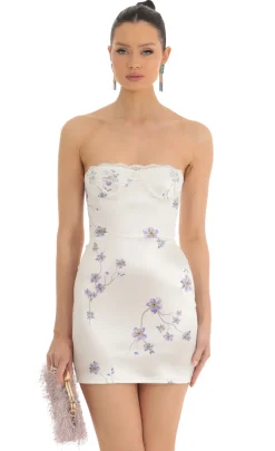 LUCY IN THE SKY Mini Dresses^Satin Floral Lace Strapless Dress In White