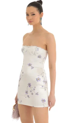 LUCY IN THE SKY Mini Dresses^Satin Floral Lace Strapless Dress In White