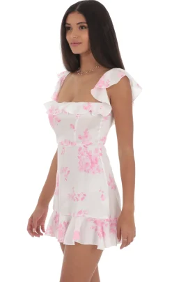 LUCY IN THE SKY Mini Dresses^Satin Floral Ruffle Mini Dress In White
