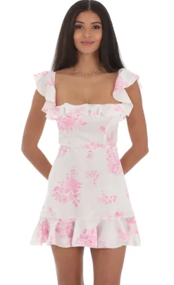 LUCY IN THE SKY Mini Dresses^Satin Floral Ruffle Mini Dress In White