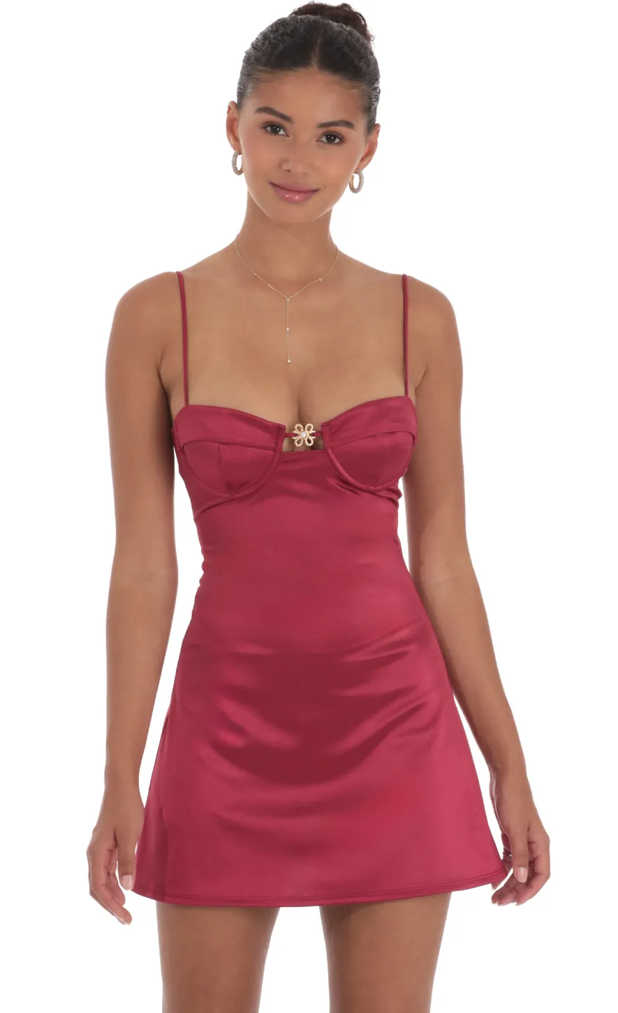 LUCY IN THE SKY Mini Dresses^Satin Front Hook Dress In Maroon