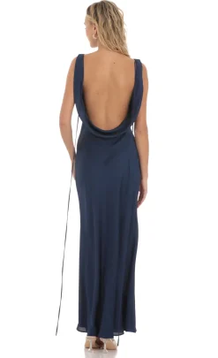 LUCY IN THE SKY Maxi Dresses^Satin High Neck Open Back Maxi Dress In Navy