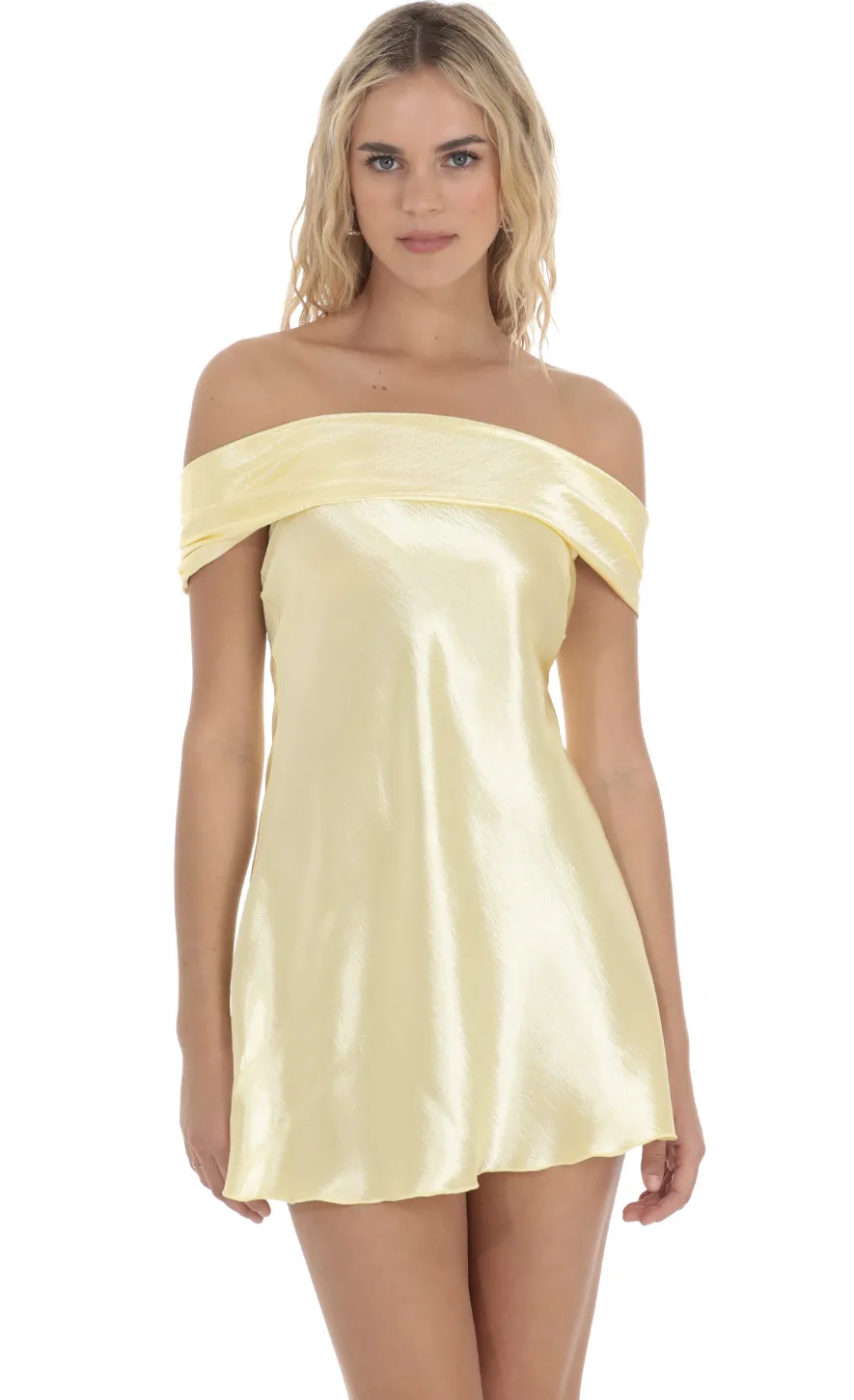 LUCY IN THE SKY Mini Dresses^Satin Off Shoulder Dress In Yellow