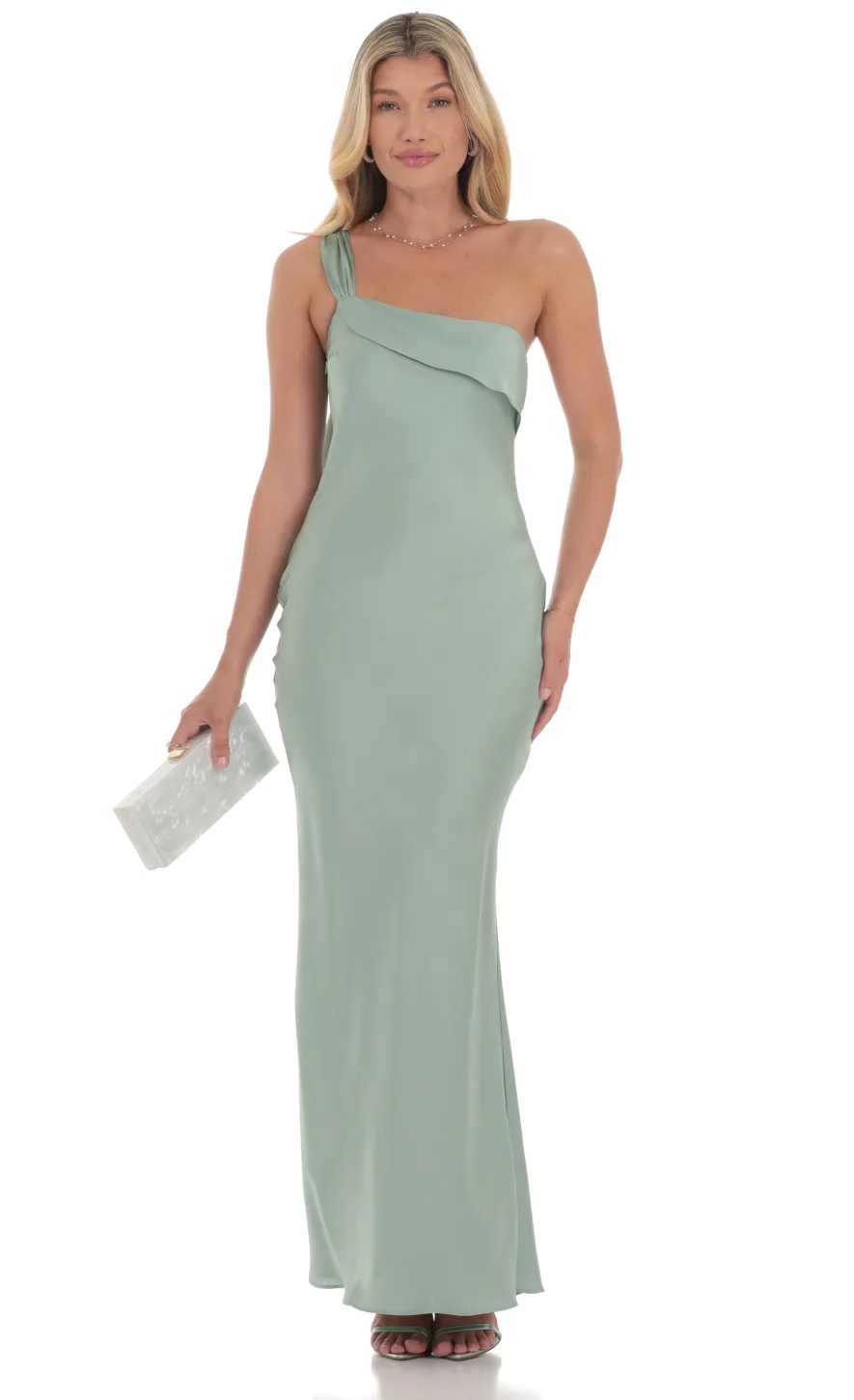 LUCY IN THE SKY Maxi Dresses^Satin One Shoulder Tassel Maxi Dress In Sage