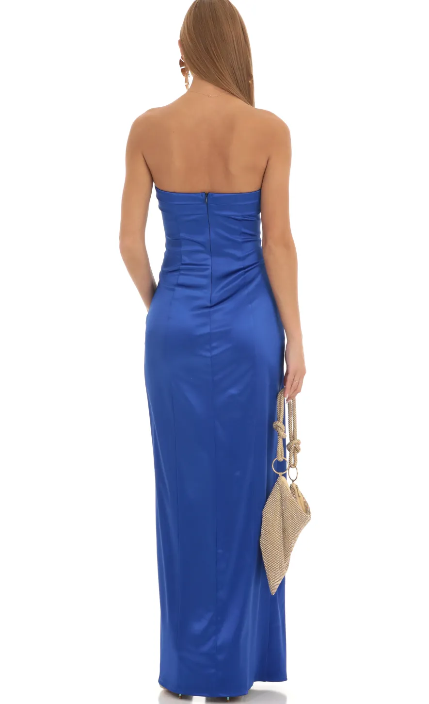 LUCY IN THE SKY Maxi Dresses^Satin Pleated Strapless Maxi Dress In Royal Blue