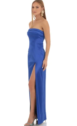 LUCY IN THE SKY Maxi Dresses^Satin Pleated Strapless Maxi Dress In Royal Blue