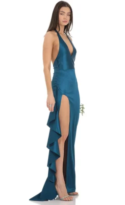 LUCY IN THE SKY Maxi Dresses^Satin Plunge Neck Halter Maxi Dress In Peacock Blue