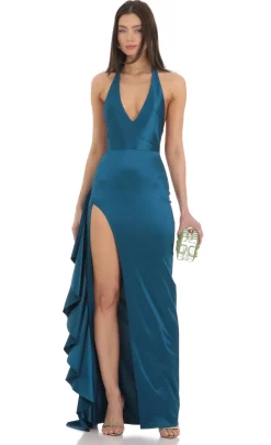 LUCY IN THE SKY Maxi Dresses^Satin Plunge Neck Halter Maxi Dress In Peacock Blue