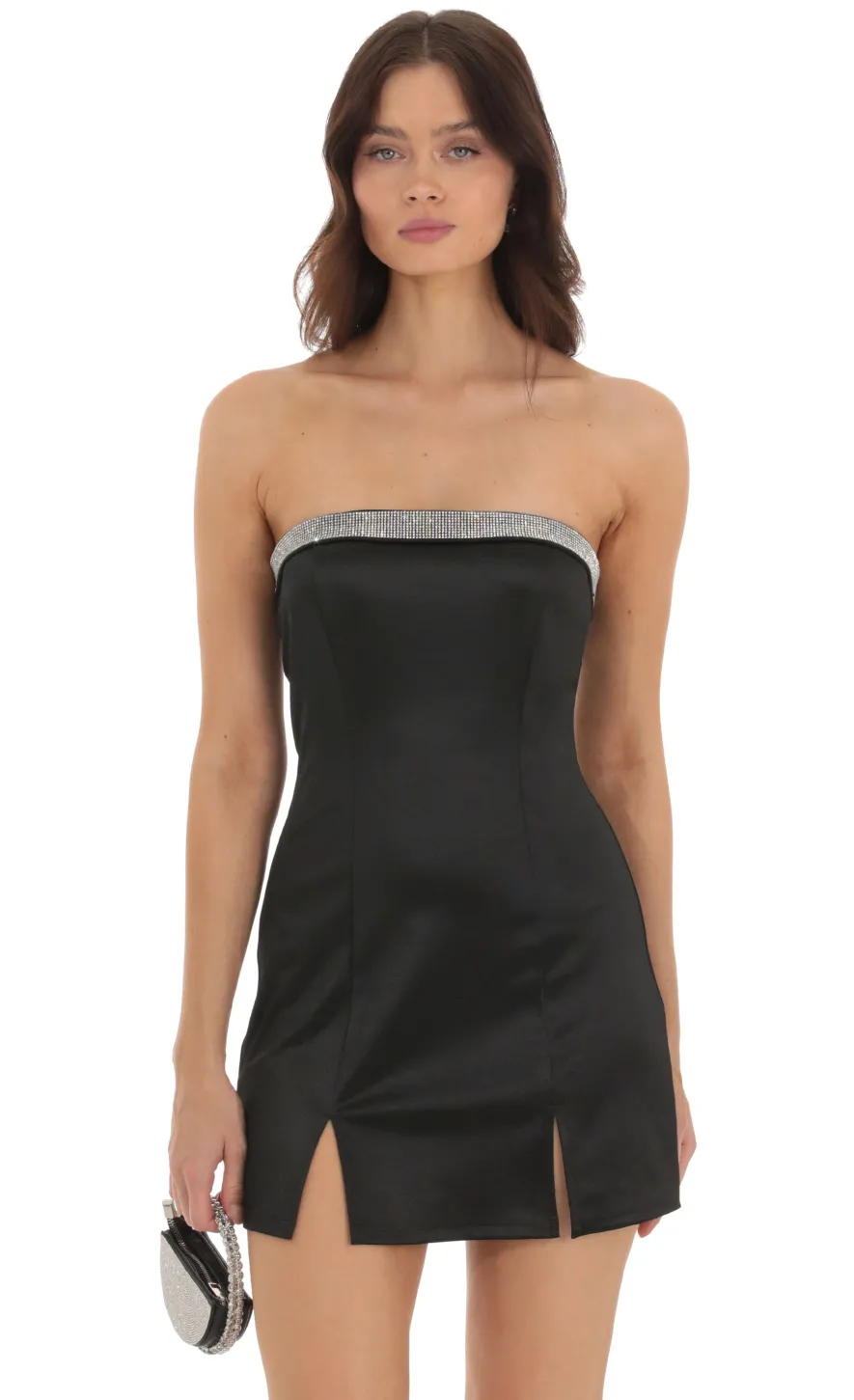 LUCY IN THE SKY Mini Dresses^Satin Rhinestone Dress In Black
