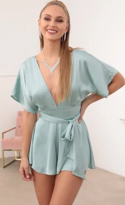 LUCY IN THE SKY Rompers^Satin Romper In Teal