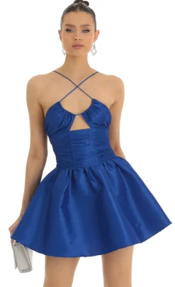 LUCY IN THE SKY Mini Dresses^Satin Ruched Front Cross Dress In Blue
