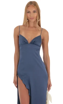 LUCY IN THE SKY Maxi Dresses^Satin Ruffle Maxi Dress In Blue