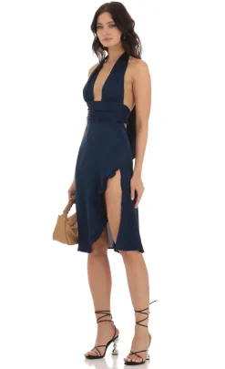 LUCY IN THE SKY Midi Dresses^Satin Ruffle Slit Dress In Navy