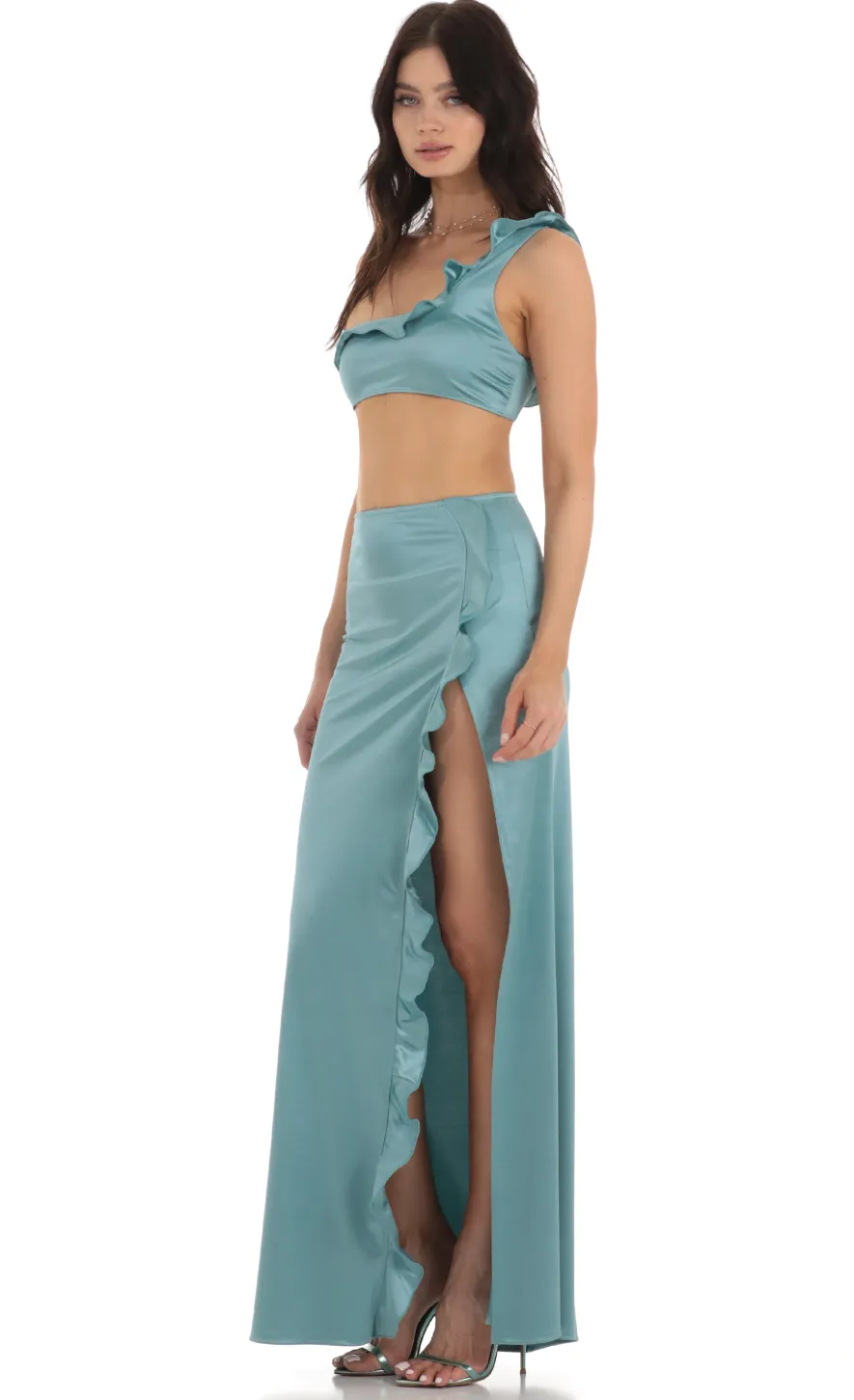 LUCY IN THE SKY Two-Piece Sets^Satin Ruffle Two Piece Set In Blue