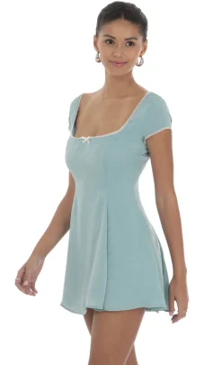 LUCY IN THE SKY Mini Dresses^Satin Short Sleeve A-line Dress In Aqua Blue