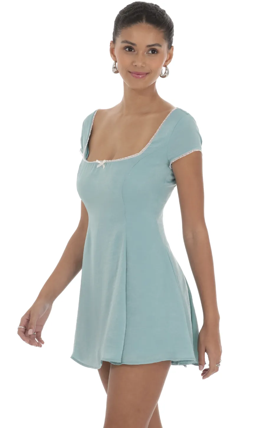 LUCY IN THE SKY Mini Dresses^Satin Short Sleeve A-line Dress In Aqua Blue