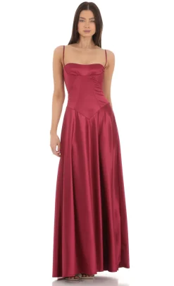 LUCY IN THE SKY Maxi Dresses^Satin Square Neck Maxi Dress In Maroon