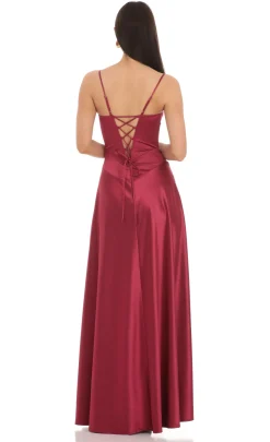 LUCY IN THE SKY Maxi Dresses^Satin Square Neck Maxi Dress In Maroon