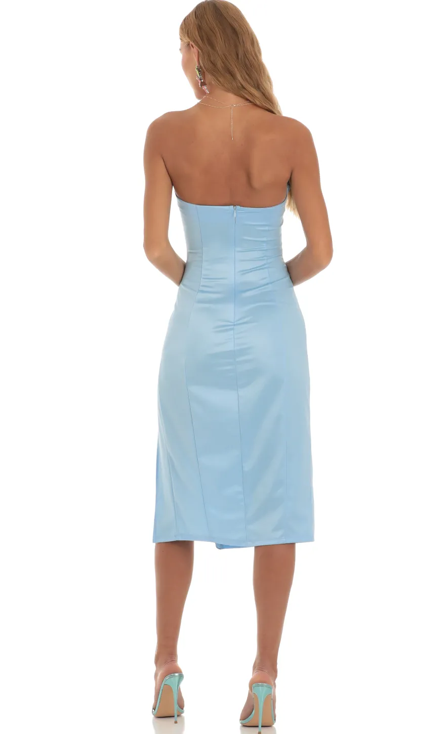 LUCY IN THE SKY Midi Dresses^Satin Strapless Midi Dress In Blue