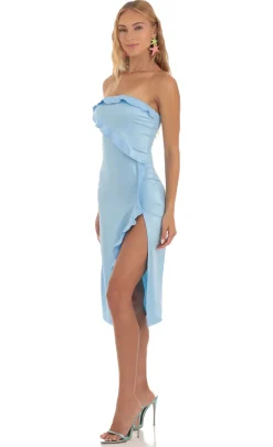 LUCY IN THE SKY Midi Dresses^Satin Strapless Midi Dress In Blue