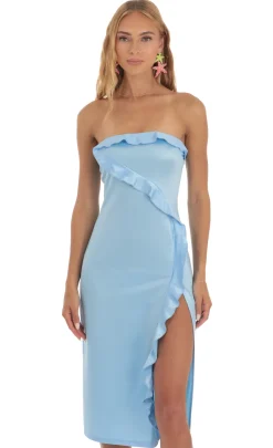 LUCY IN THE SKY Midi Dresses^Satin Strapless Midi Dress In Blue