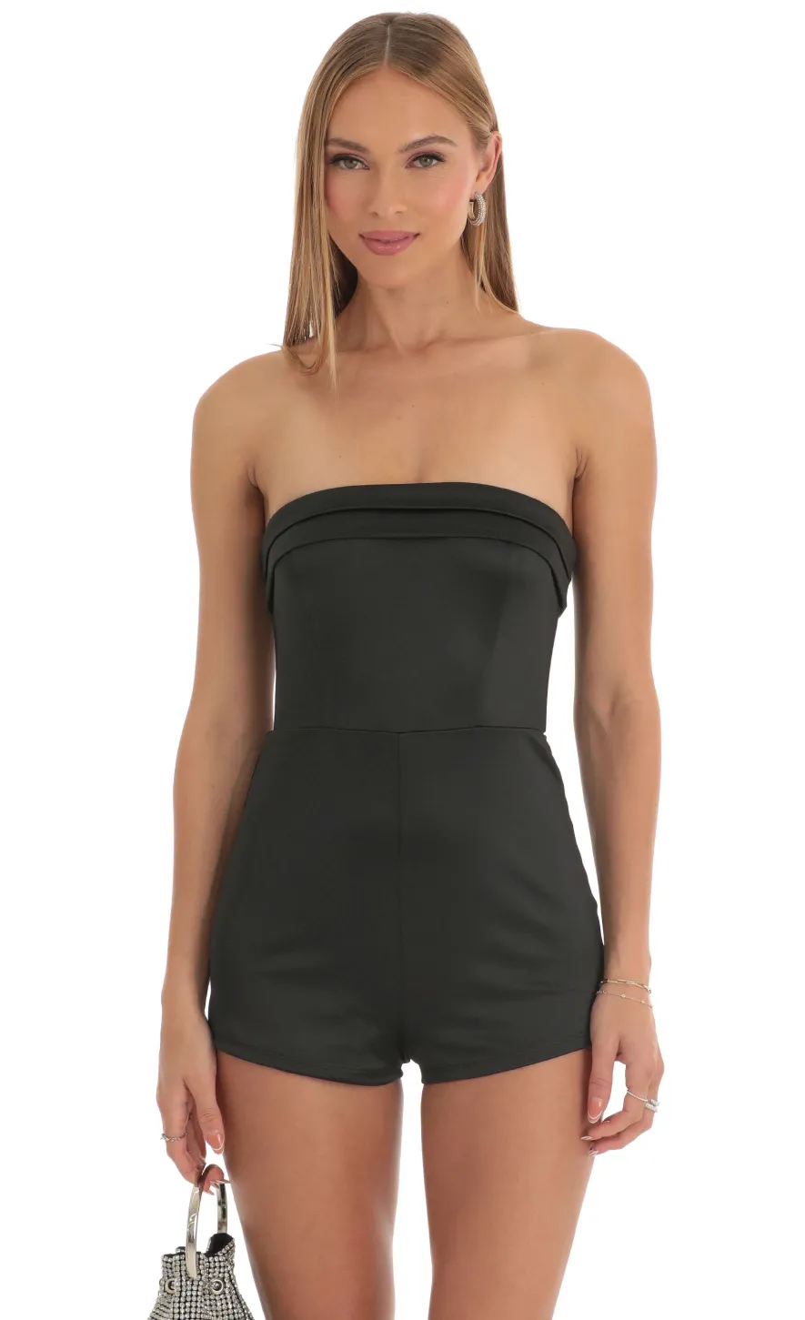 LUCY IN THE SKY Rompers^Satin Strapless Romper In Black