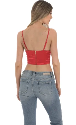 LUCY IN THE SKY Tops^Satin V-Neck Crop Top In Red