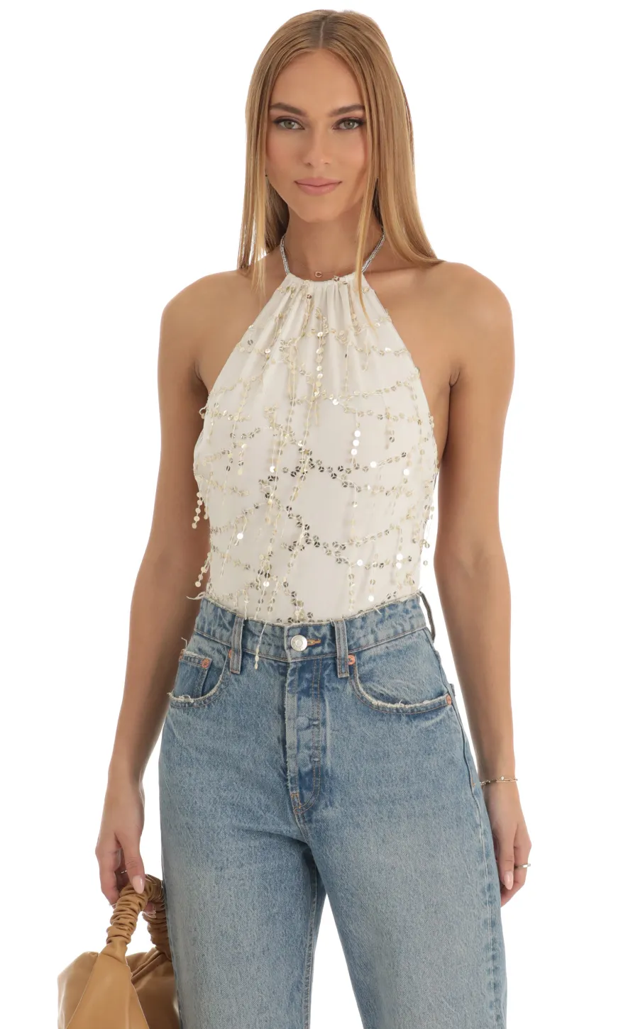 LUCY IN THE SKY Tops|Bodysuits^Sequin Bodysuit In Ivory